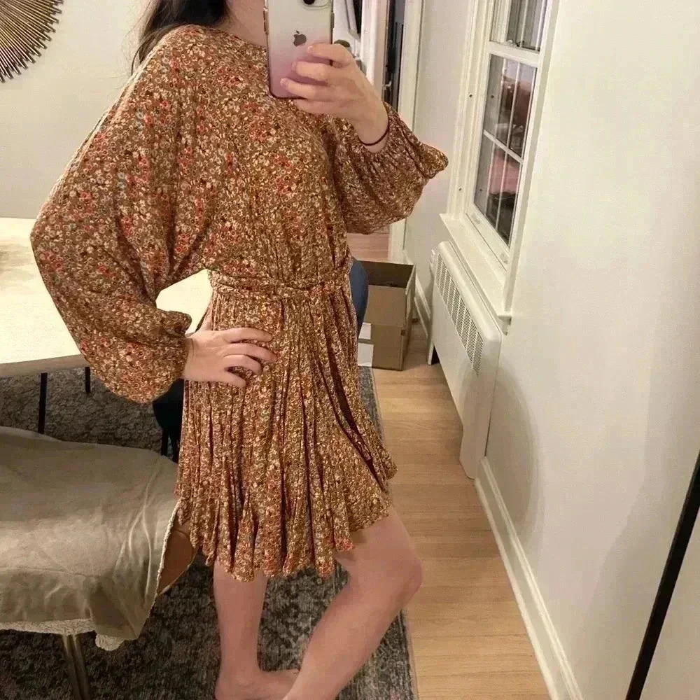 AURA Ballon Sleeve bat wing braided Belt flowy Boho floral fall mini dress S-M - Picture 2 of 15